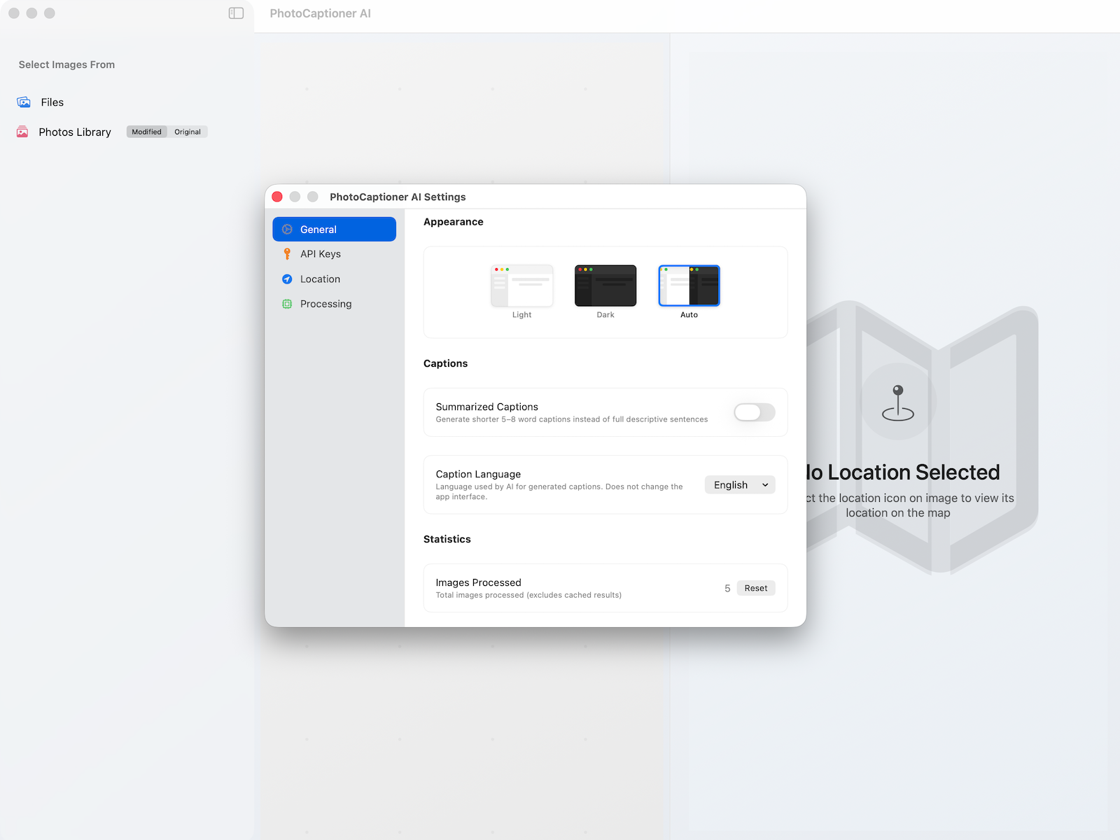 Settings window — General, API Keys, Location, and Processing tabs