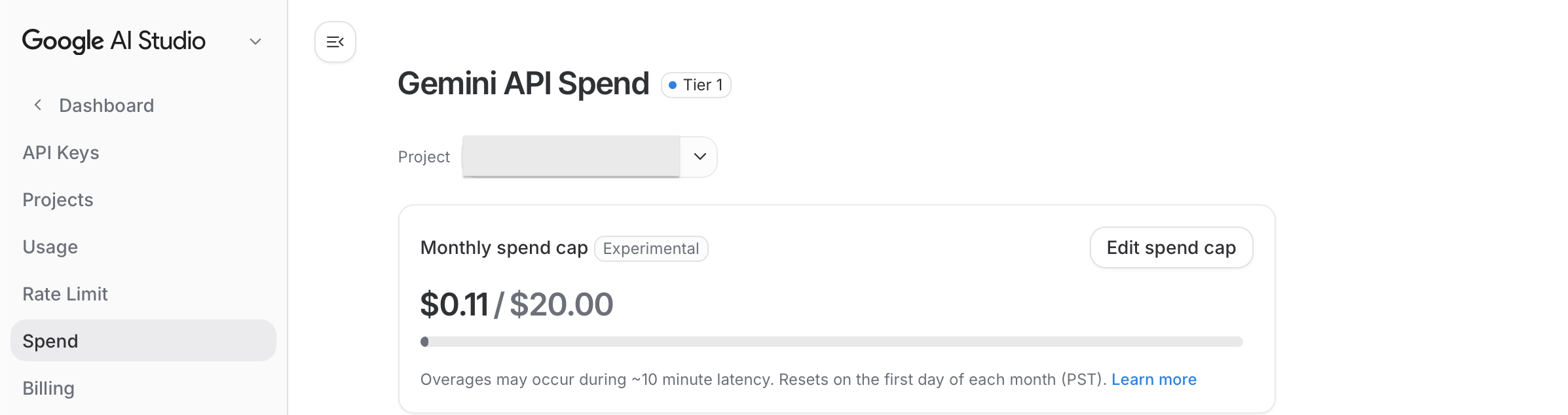 Gemini API Spend page in Google AI Studio showing the monthly spend cap