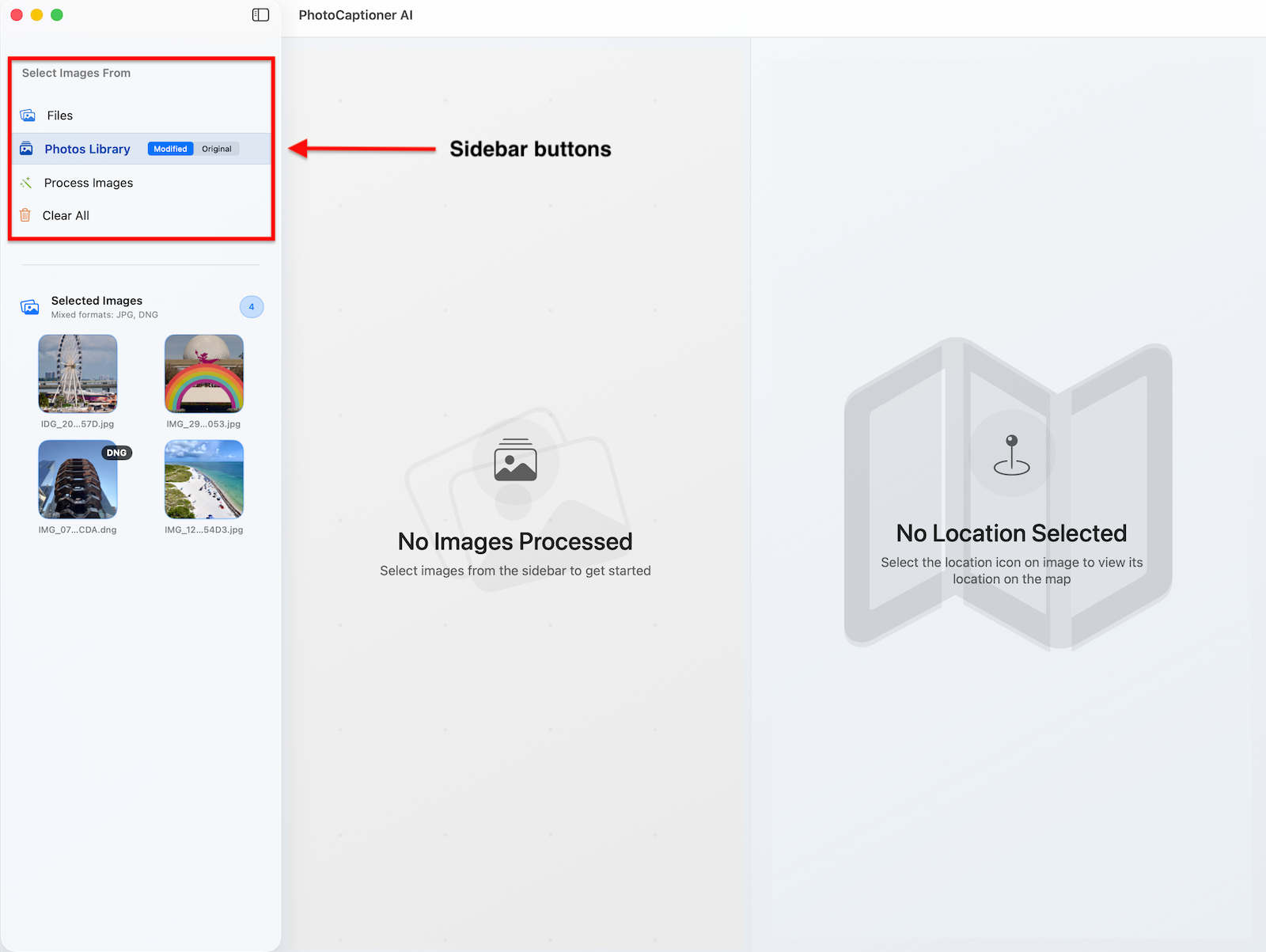 Sidebar buttons — Files, Photos Library, Process Images, Clear All
