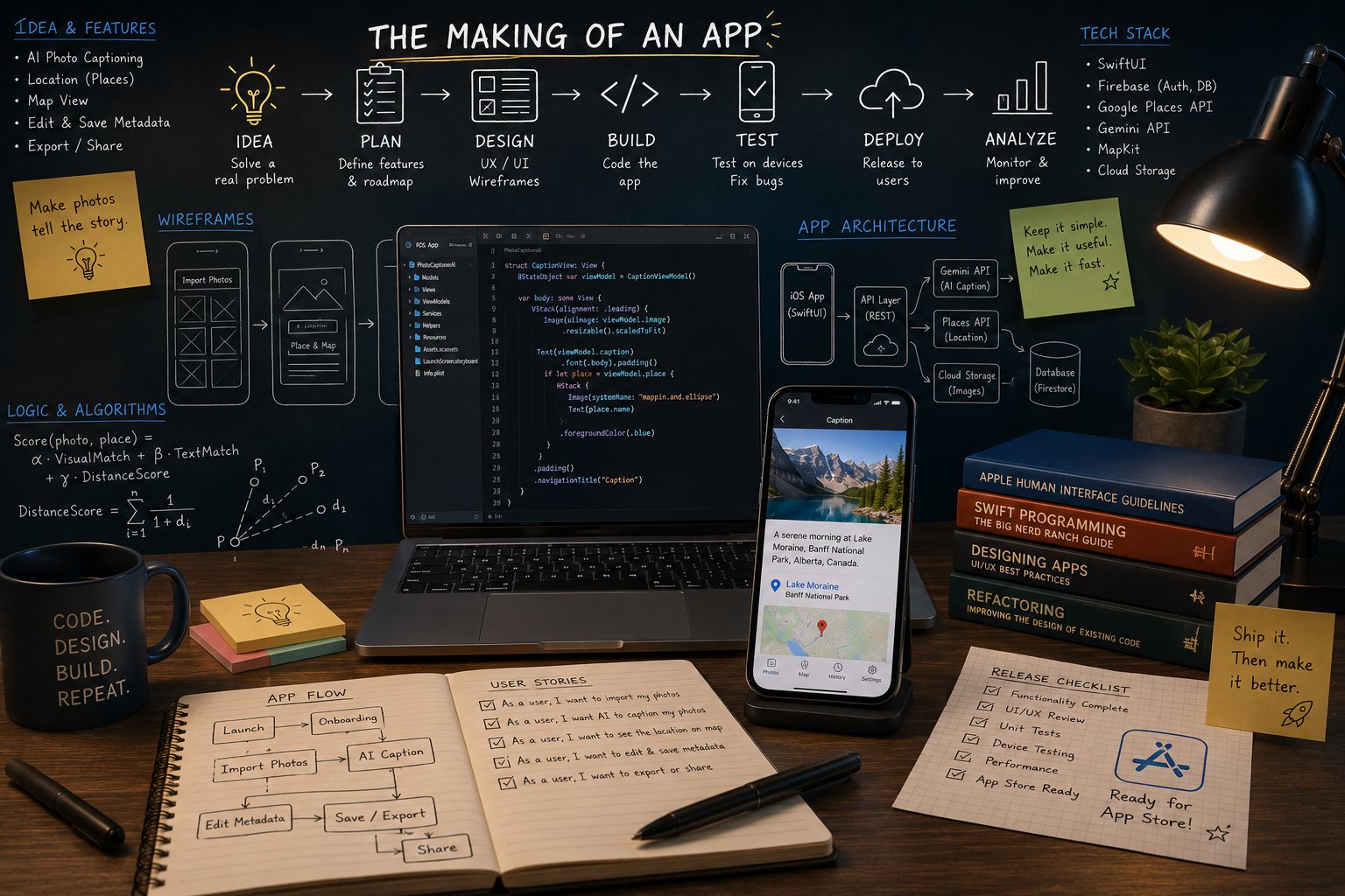 A developer's desk: a laptop and iPhone showing a photo-captioning app, beside a whiteboard mapping the making of an app from idea through design, build, test and deploy.